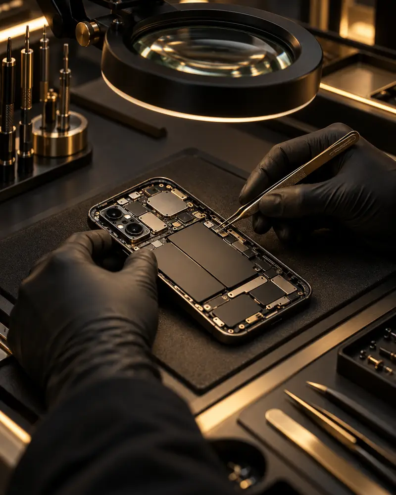 Mãos de técnico analisando os componentes de um celular com ferramentas de precisão